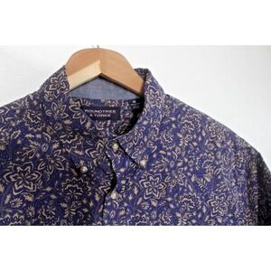 Roundtree & Yorke Mens XL Shirt Blue with Gold Flower Nature Print Short Sleeve
